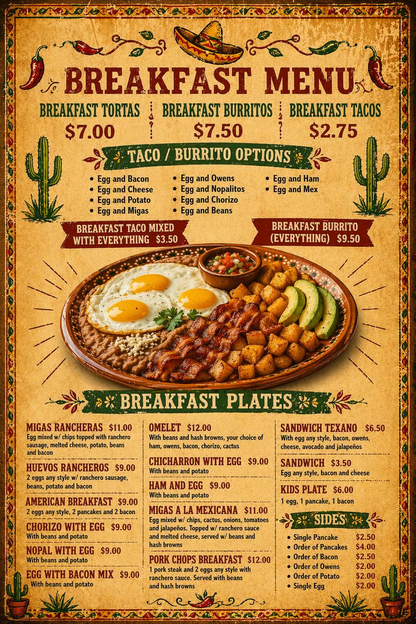 Jalisco Food Truck full breakfast menu. Breakfast tortas $7, burritos $7.50, tacos $2.75. Breakfast plates including Migas Rancheras, Huevos Rancheros, Omelets and more. Bastrop TX.