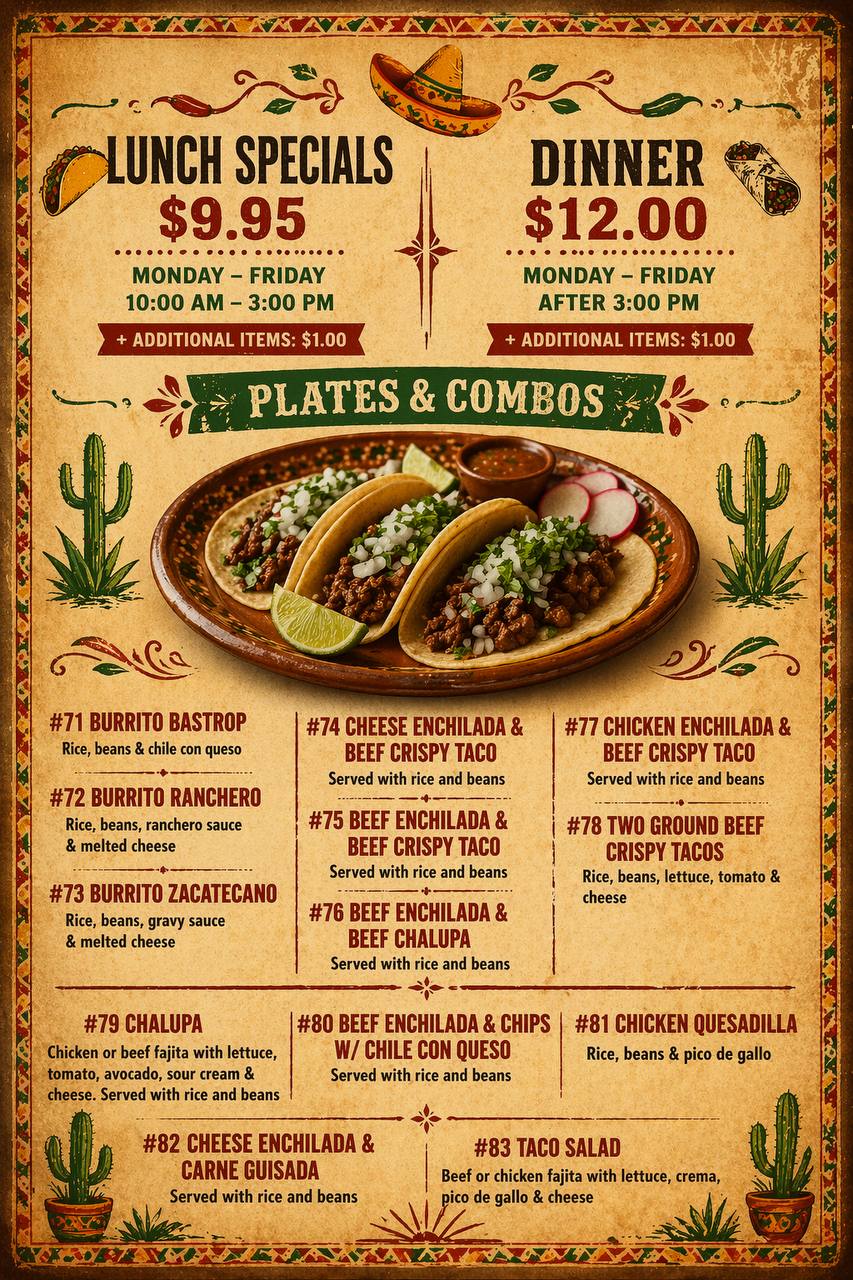 Jalisco Food Truck full menu - Plates and Combos. Lunch specials $9.95, dinner $12.00. Items #71–#83 including burritos, enchiladas, chalupas and quesadillas. Bastrop TX.