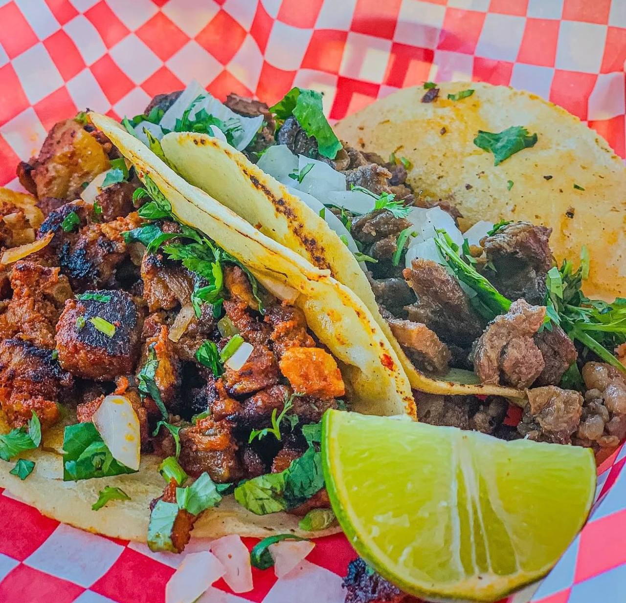 Carne asada and al pastor tacos in basket at Jalisco Food Truck Bastrop TX