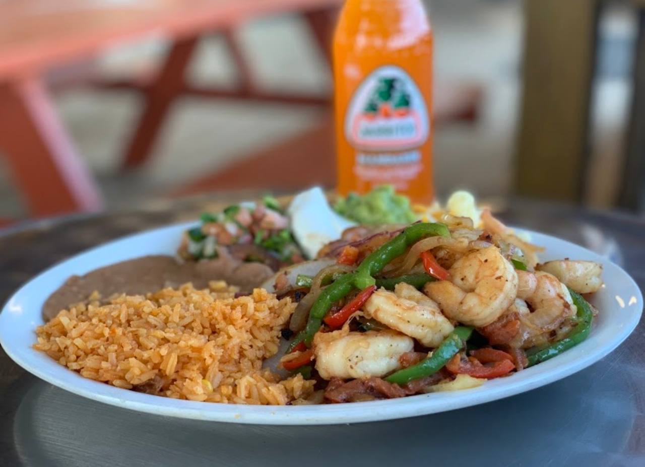 Shrimp fajita plate with rice, beans and Jarritos at Jalisco Food Truck Bastrop TX