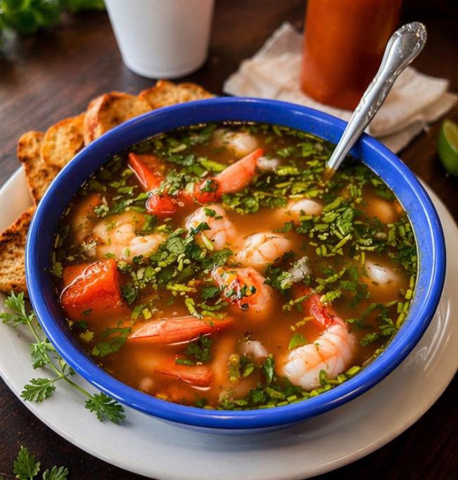 Shrimp soup with tomatoes and cilantro at Jalisco Food Truck Bastrop TX