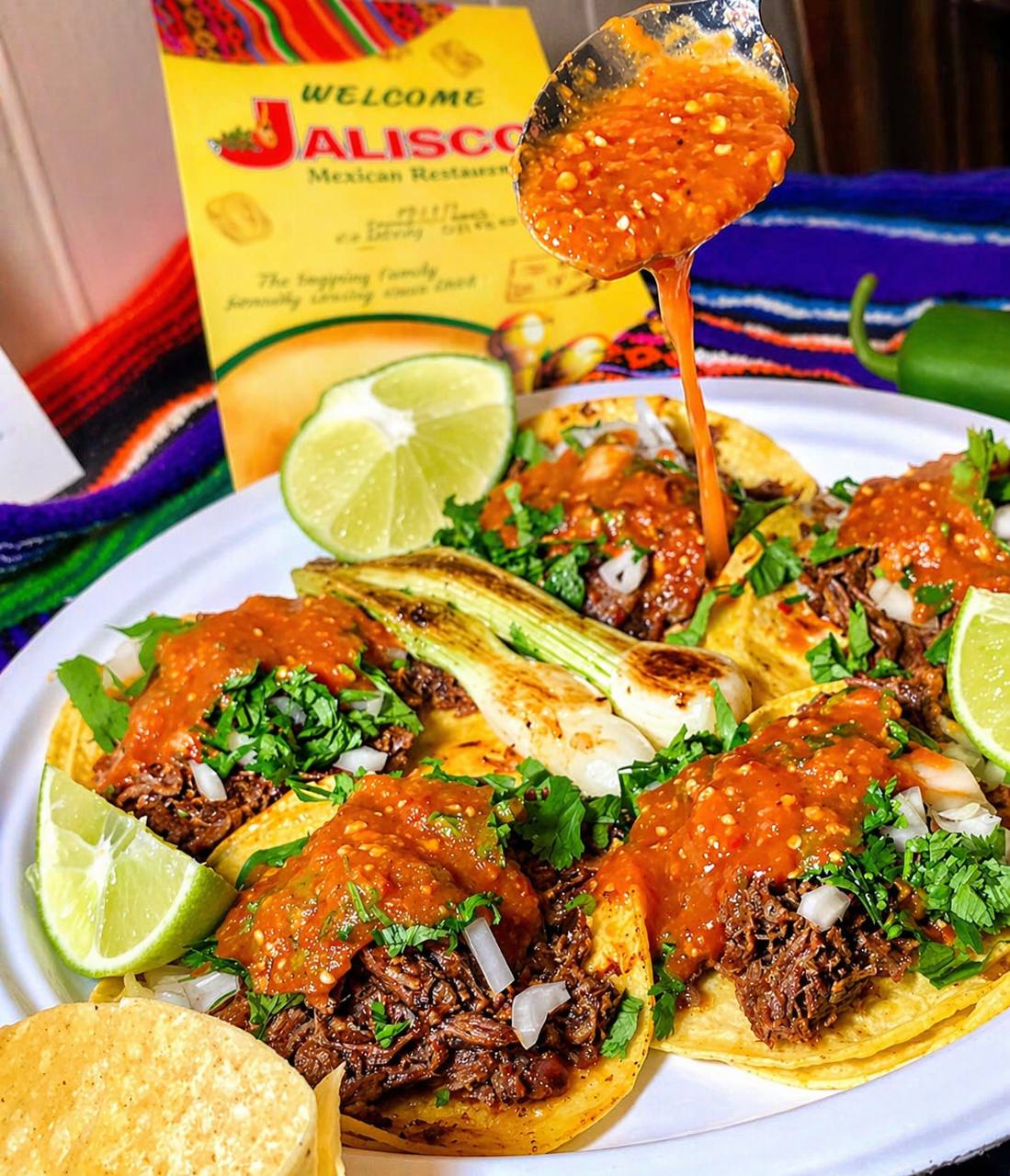 Beef tacos with house salsa, cilantro, onion and lime at Jalisco Food Truck Bastrop TX